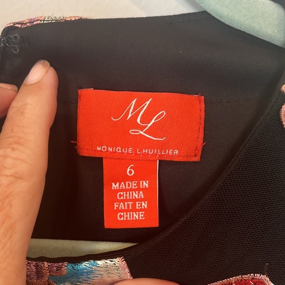 Monique Lhuillier Sonya Like New Dress Black Floral Embroidered Colorful Midi - Picture 6 of 13